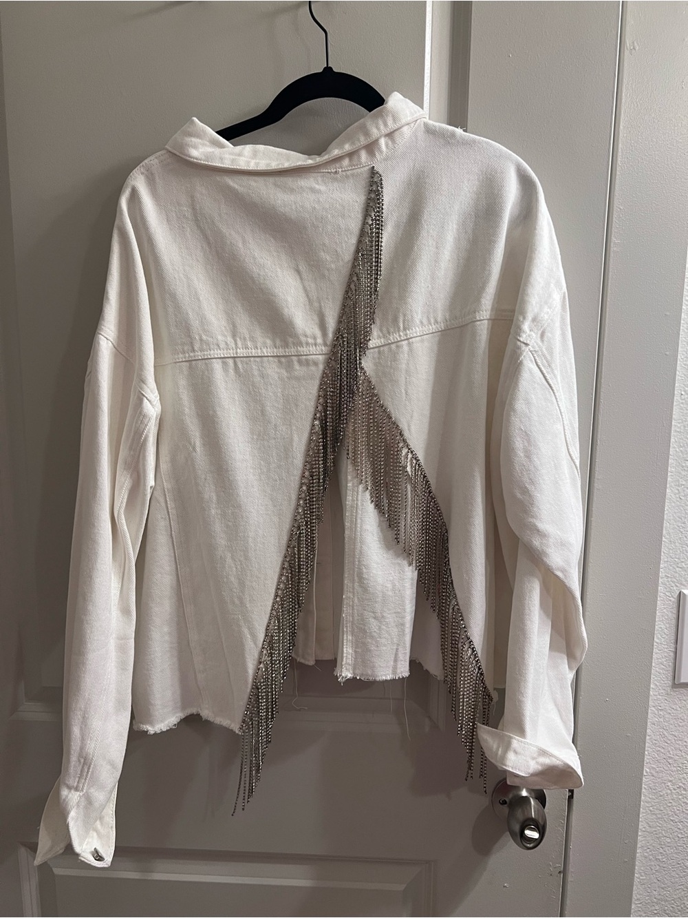 Savanna Jane White Fringe-Chain Jean Jacket